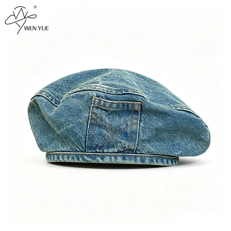 Artistic Classic Denim Beret Hat for Women, Solid Color Artist Hat, Versatile British Style Fabric Hat, Suitable for All Seasons