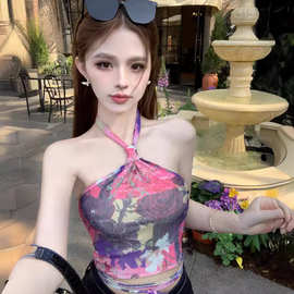 度假风挂脖吊带女夏季弹力网纱外穿纯欲绑带背心上衣性感露背