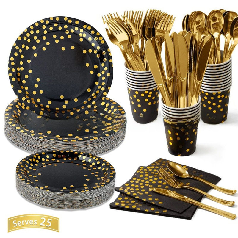 Paper plates with black and white gold foil dots, biodegradable paper cup and plate set for birthday parties, wholesale 7inch 9inch polka dots