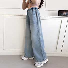 女童牛仔阔腿裤2025春秋新款洋气女大童时髦宽松高腰直筒裤长裤子