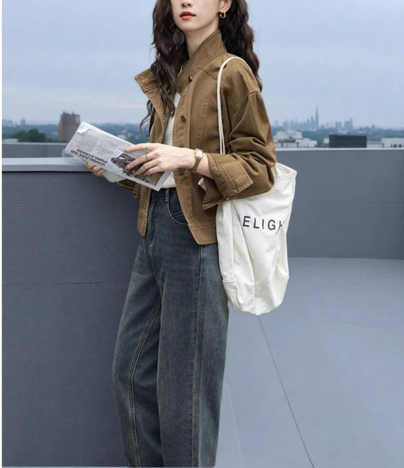 Áo khoác denim ngắn dáng rộng cổ polo cho nữ, dài tay, phong cách giản dị — Áo khoác bò dài tay, Màu nâu (trà nâu), màu xanh chi tiết 32