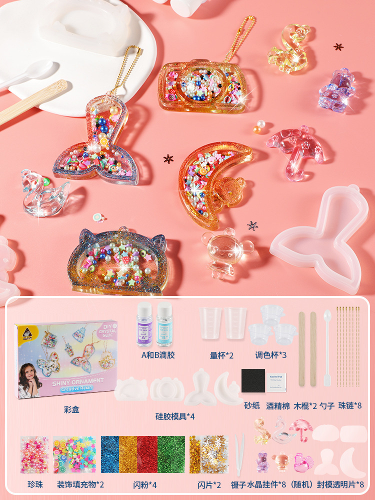 Accesorios de epoxi de cristal de bricolaje hechos a mano para niños, paquete de material, pintura de pegamento sin hornear, mochila, accesorios colgantes, juguetes de juego