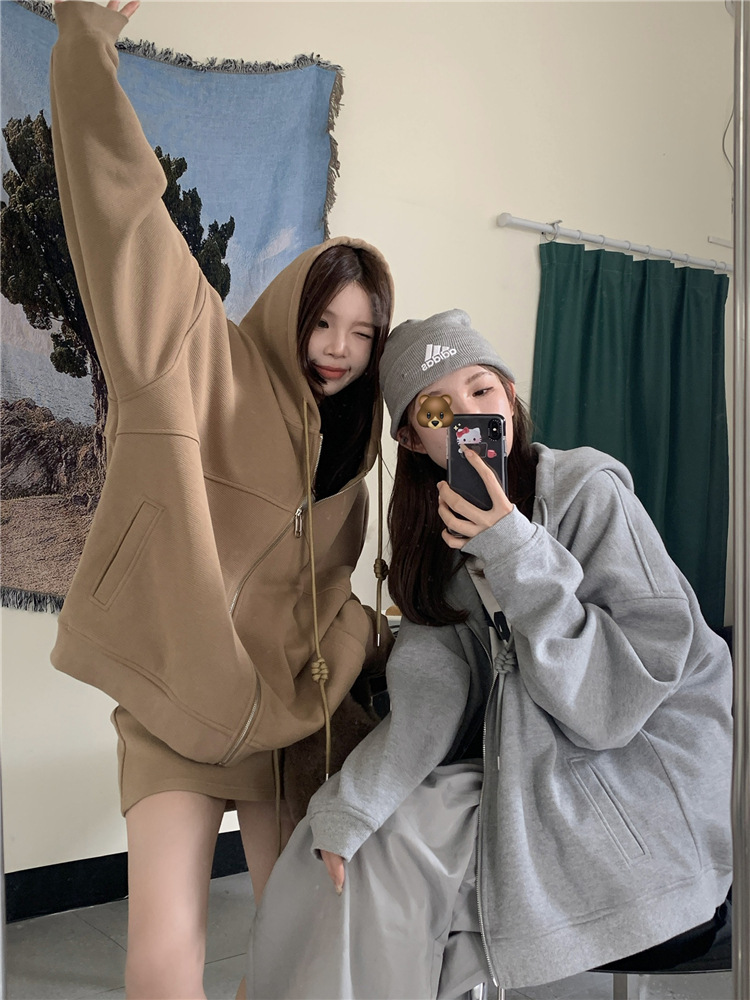 Lazy Style Simple Hooded Sweatshirt Jacket for Women 2025 Early Autumn Elegant High Waist Sports Skirt Two-Piece Suit