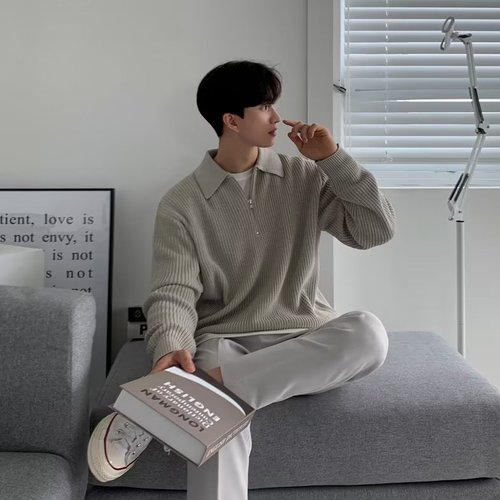 Japanese-Style High-End Design Semi-Zip Sweater for Men, Ins Trendy Brand Polo Collar Slim Fit Versatile Base Knit Top