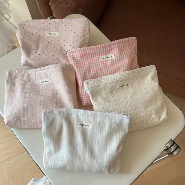 【Suxi Cloth Bag】Fresh and artistic pink polka dot plaid striped cotton makeup bag, toiletry storage cloth bag