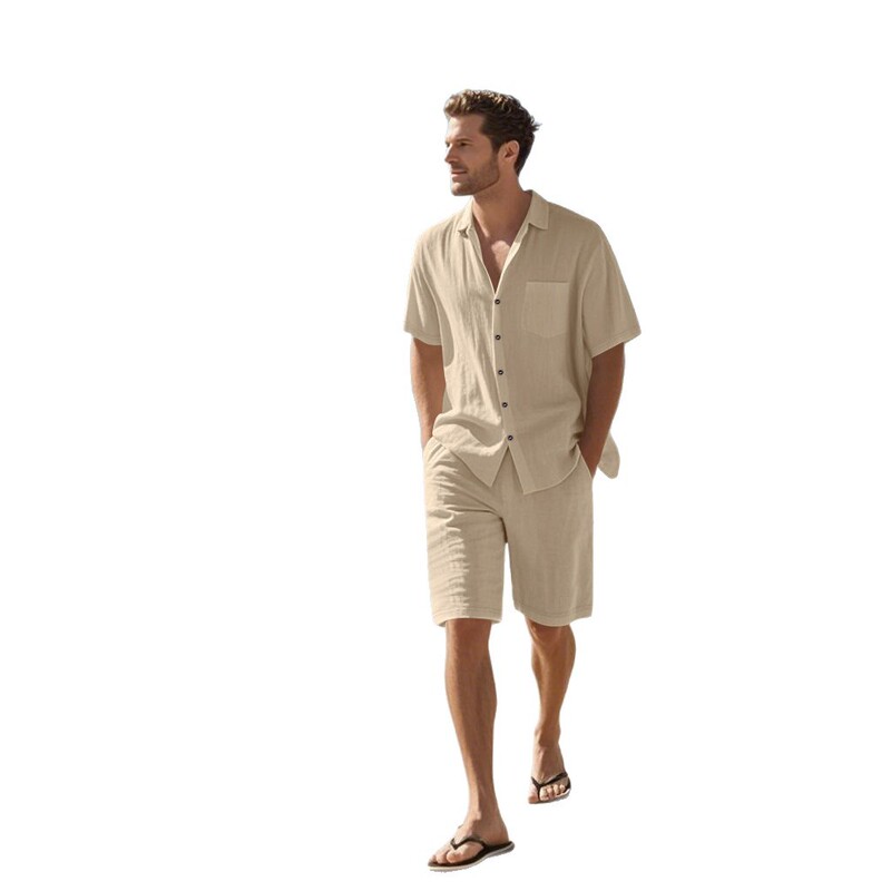 アメリカ風夏用メンズセットアップ、半袖とショートパンツ、リネン素材のビーチウェア、メンズカジュアル半袖シャツセット|undefined
