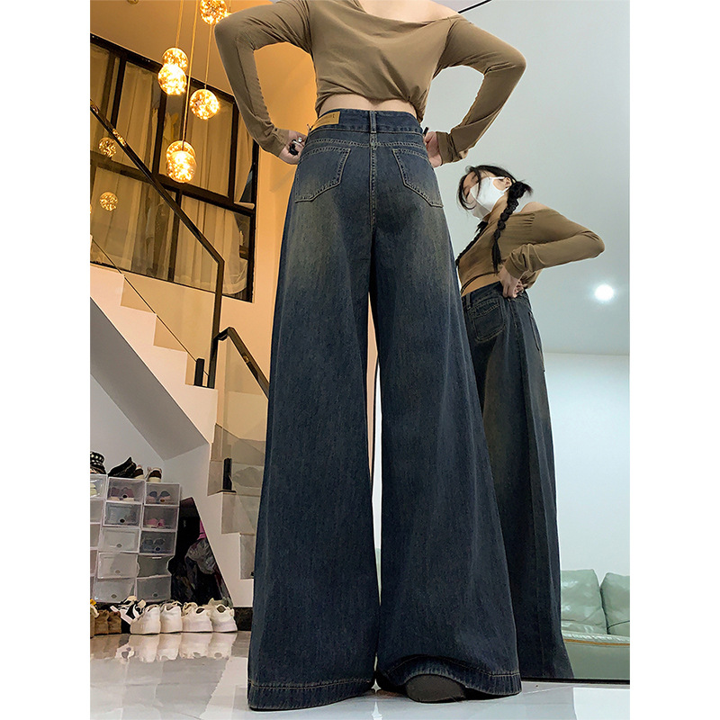 Cement Grey American Wide Leg Jeans Women's 2024 Autumn and Winter fleece-lined Loose High Waist Loose Slimming plus size Floor