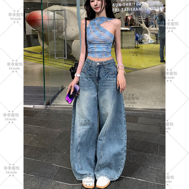美式高街水洗弯刀牛仔裤女2025秋季新款高腰宽松显瘦痞帅阔腿裤|undefined