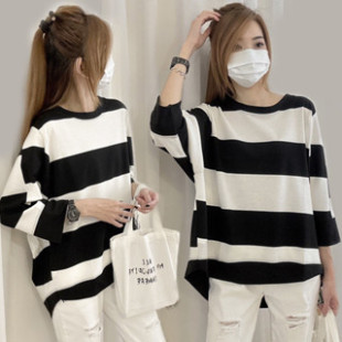 2023 New Striped Printed Casual Korean Style Long Sleeve Loose Mid-length Lazy Top Long T-shirt Sweatshirt