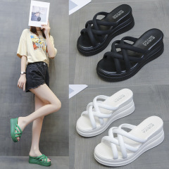 坡跟拖鞋女歐美風2024夏季新款交叉帶松糕底一字魚嘴高跟拖鞋女式