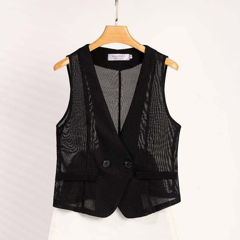 Summer Vest Women's Vest 2025 New Fashion Design Slim Short V Neck Mesh Vest Air-Conditioning Shirt