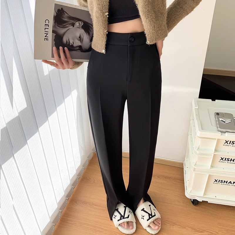 Pantalones de traje negro para mujeres 2024 otoño y invierno más vello cintura alta tenedor recto adelgazamiento de alta calidad pantalones de piernas anchas