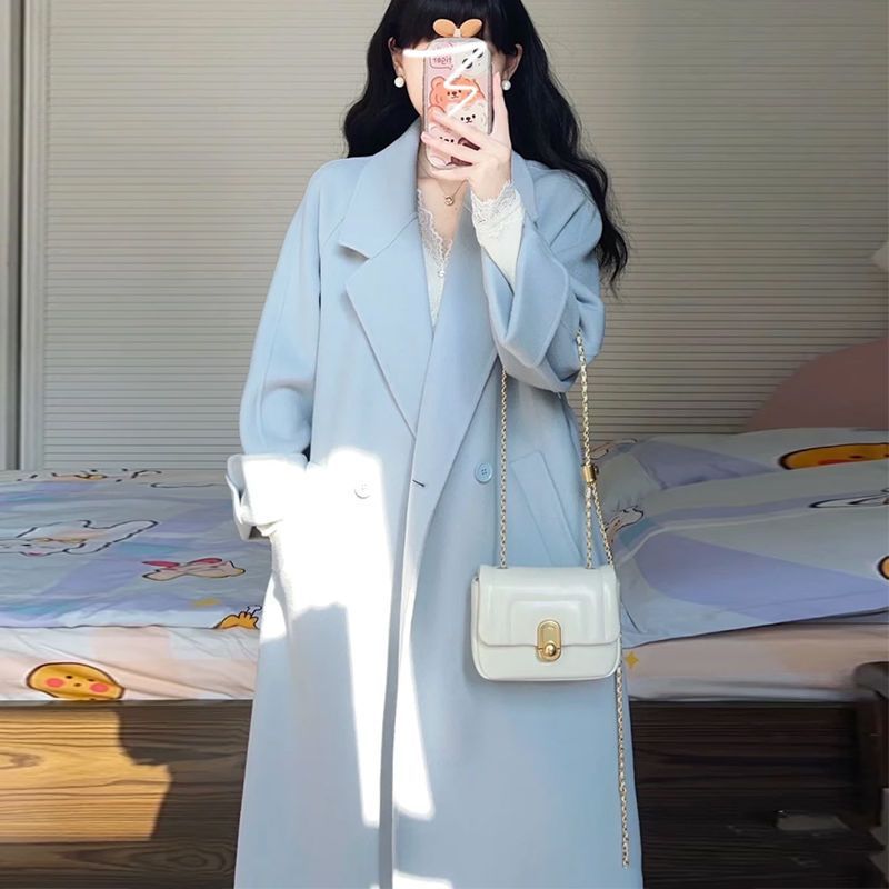 韩系高级感蓝色呢子大衣女秋冬季2025新爆款小个子毛呢外套中长款|undefined