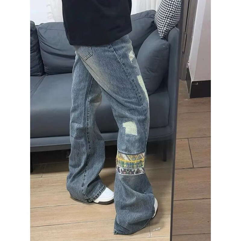 2025 American Retro Slim High Street Style Pants Ethnic Style Cashew Flower Loose Trendyy Straight Jeans for Men