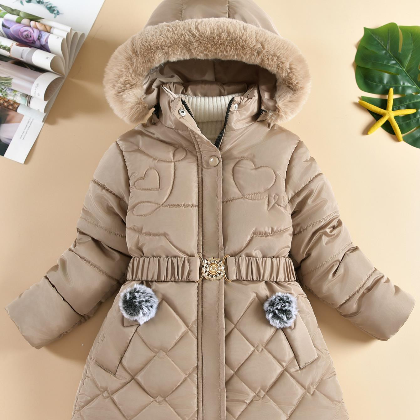 Veste d'hiver mi-longue en coton rembourrée pour fille, style coréen, style occidental, motif losange en forme de cœur, avec col en fourrure_voghion.com