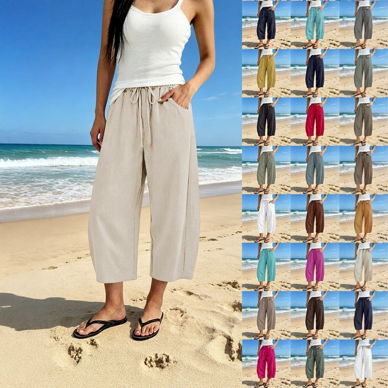 Women's Cotton-Linen Drawstring Wide-Leg Cropped Pants for Summer Casual Vacation Style Loose Linen Pants Women's Cotton-Linen Drawstring Wide-Leg Cropped Pants for Summer Casual Vacation Style Loose Linen Pants
