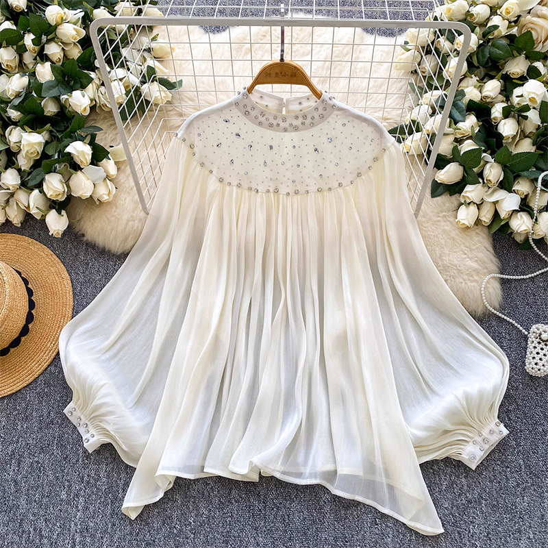 Palace-Style Niche High-End Heavy Beaded Rhinestone Lantern Sleeve Tassel Mesh Shirt for Women, Loose Casual Top