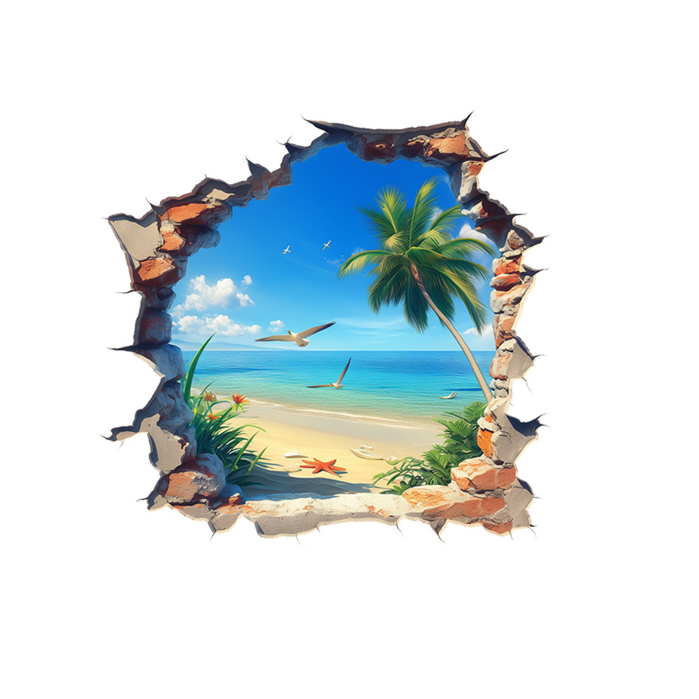 New 3D Wall With Hole Design, Hawaiian Seagull Scenery, Home Background Decoration Sticker_voghion.com