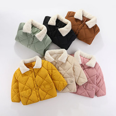 Children's Loose Cotton Coat, Korean Version, Children's Checkered Short Cotton Jacket, Unisex Baby, Thick Warm Fleece-Lined Outerwear