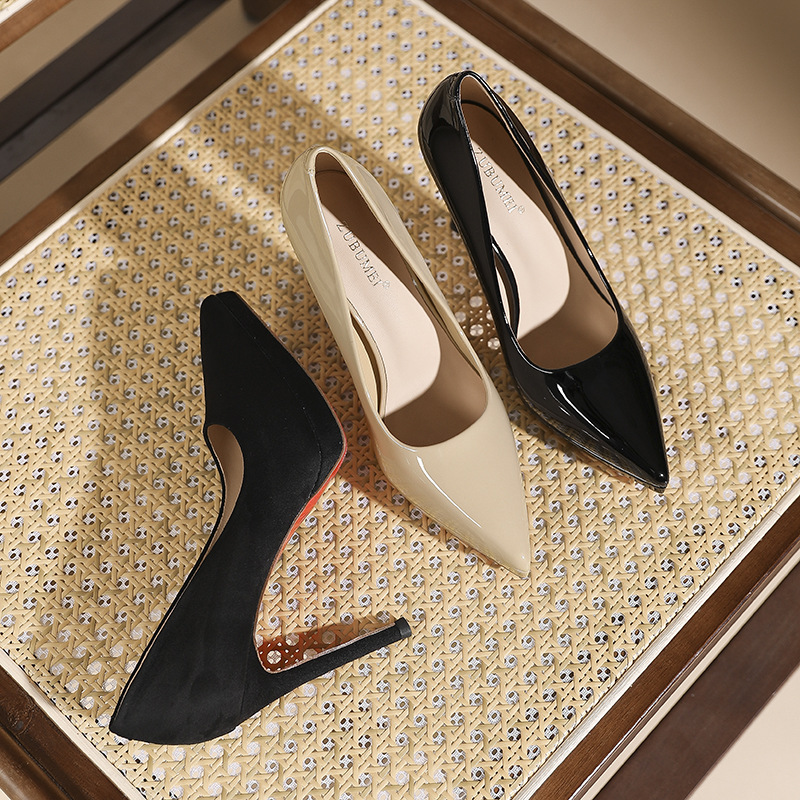 Giày cao gót nữ mũi nhọn phong cách Pháp, đế đỏ, gót nhọn 10 cm — Da trần-10cm