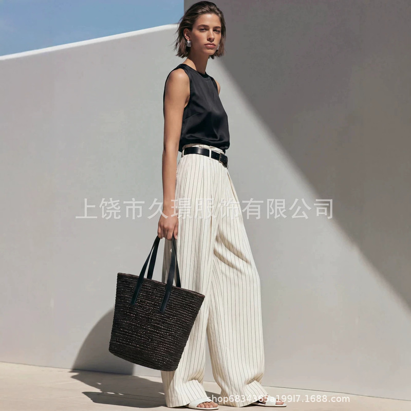 2026 Independent Website European and American Cross-Border Hot-Selling New Elegant Black Camisole and Beige Striped Pants Set