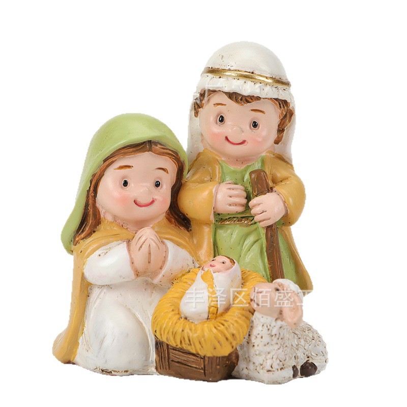 Santa Familia Cruzada Nacimiento de dibujos animados pesebre pequeño adornos creativos regalos de Navidad interior decoración de resina artesanía