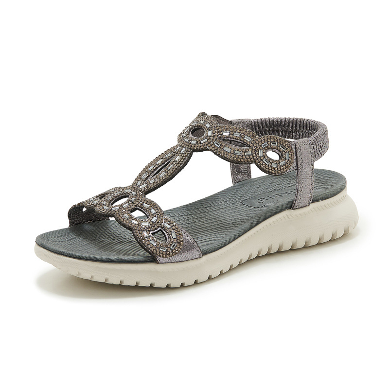 Dép sandal nữ xỏ ngón đế bệt phong cách thể thao đính đá đi biển — Màu sâm panh, Màu đen, Màu vàng, Màu xám