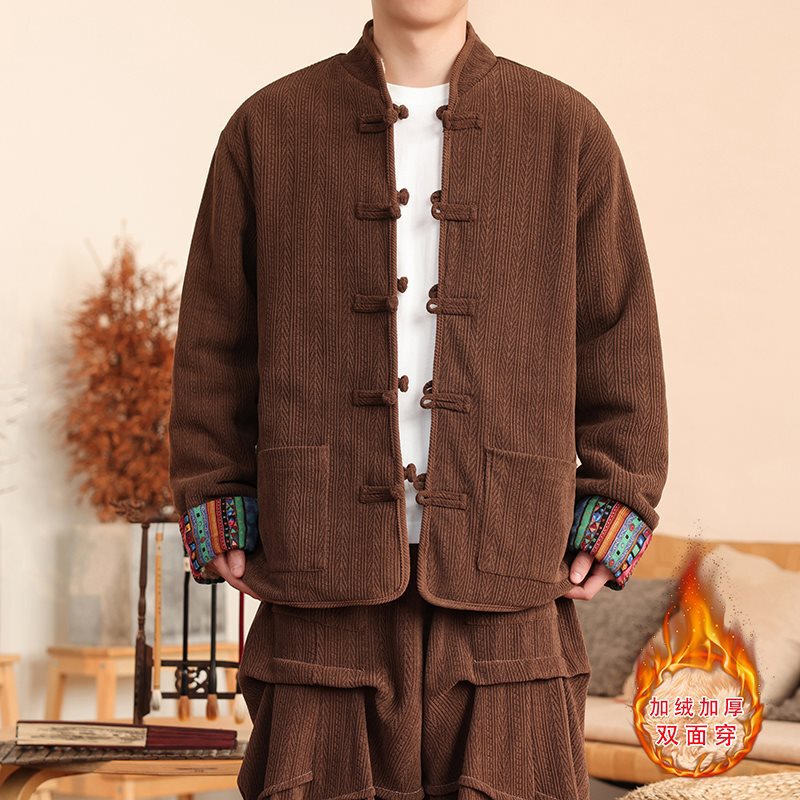 New Chinese Style Wheat Ear Lamb Wool Fleece Thickened Reversible Cotton Jacket Men Jk21-P135 Size 158