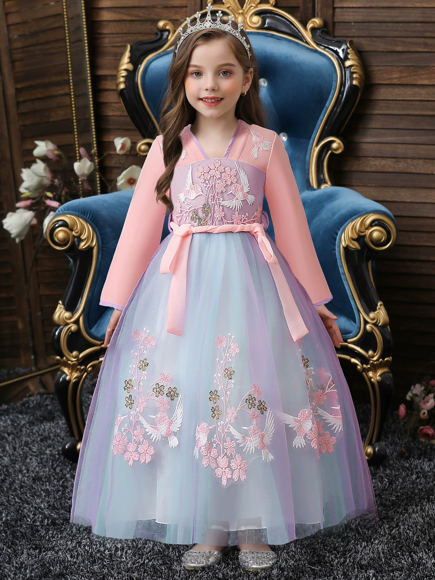 Spring Hanfu, children's dress, with embroidery, Chinese style