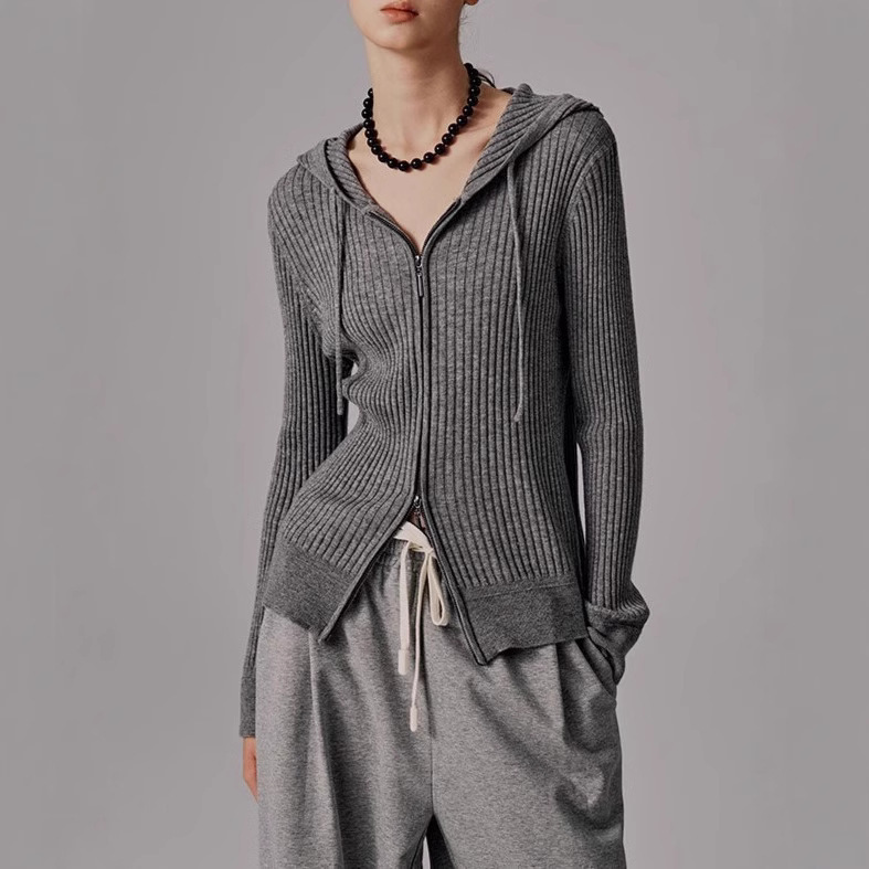 80 16-pin Fine Wool Sweater Top Zipper Hooded Double Head Zipper Cardigan Women's Slim Sweater