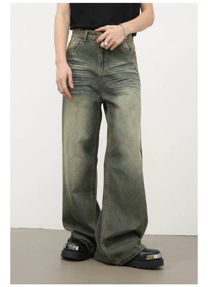 Quần jean nam ống rộng ống đứng dáng suông, vải denim giặt nước hiệu ứng râu mèo — Xanh cổ điển chi tiết 14