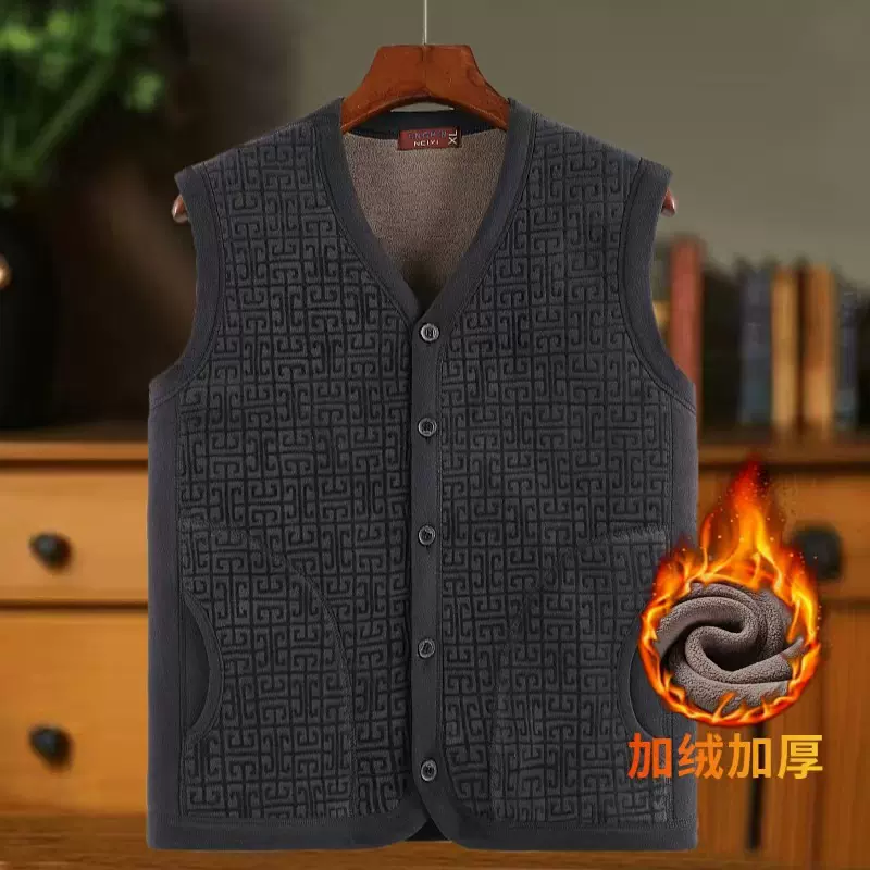 工厂生产中老年男装加绒马甲秋冬中老年男双面绒保暖加厚背心