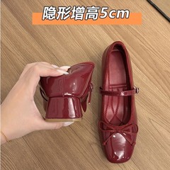 小个子内增高7CM蝴蝶结一字扣玛丽珍鞋女粗跟复古单鞋