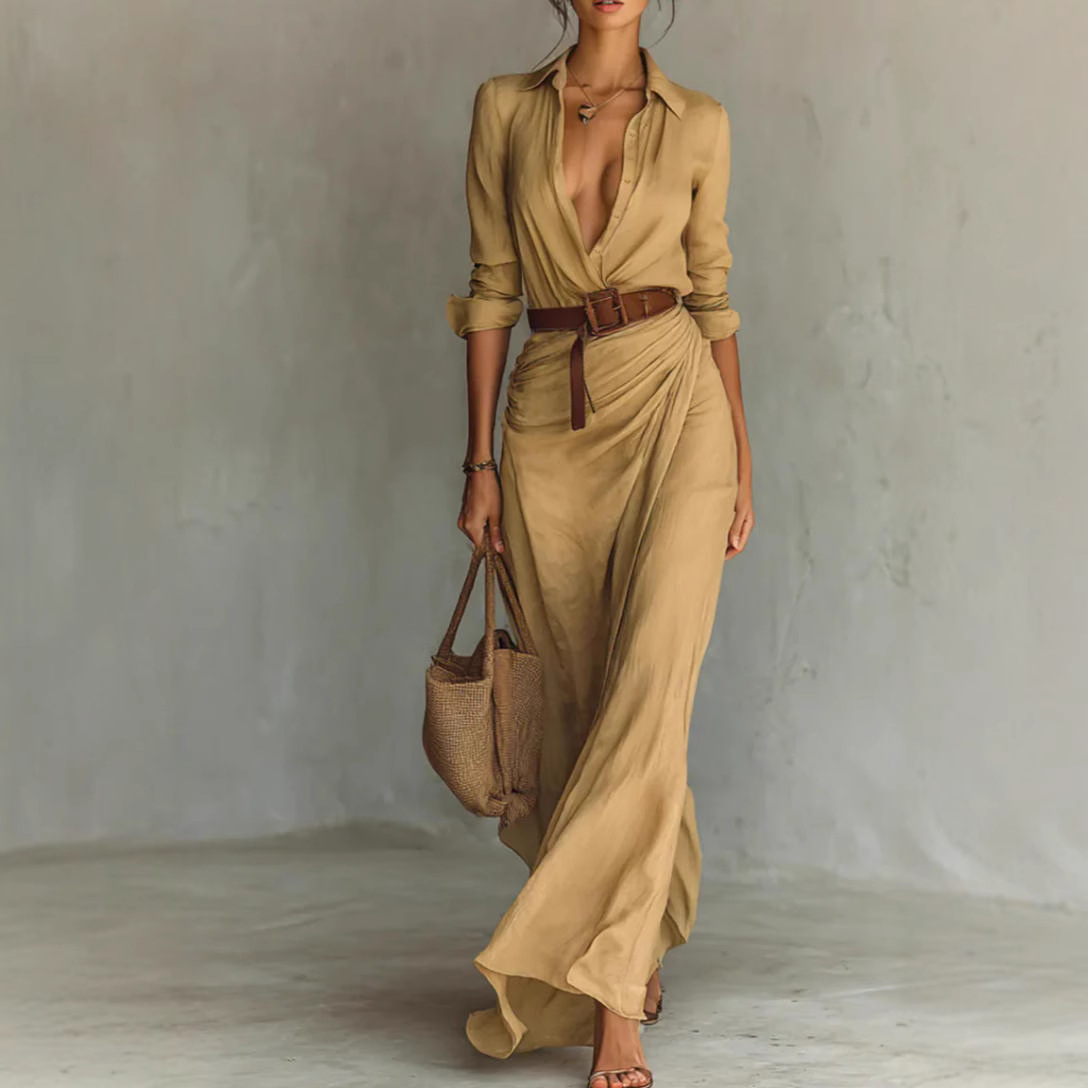 2025 Autumn European and American New Women's Lace-Up High Waist Slit Floor-Length Dress Long Sleeve Lapel Sexy Dress
