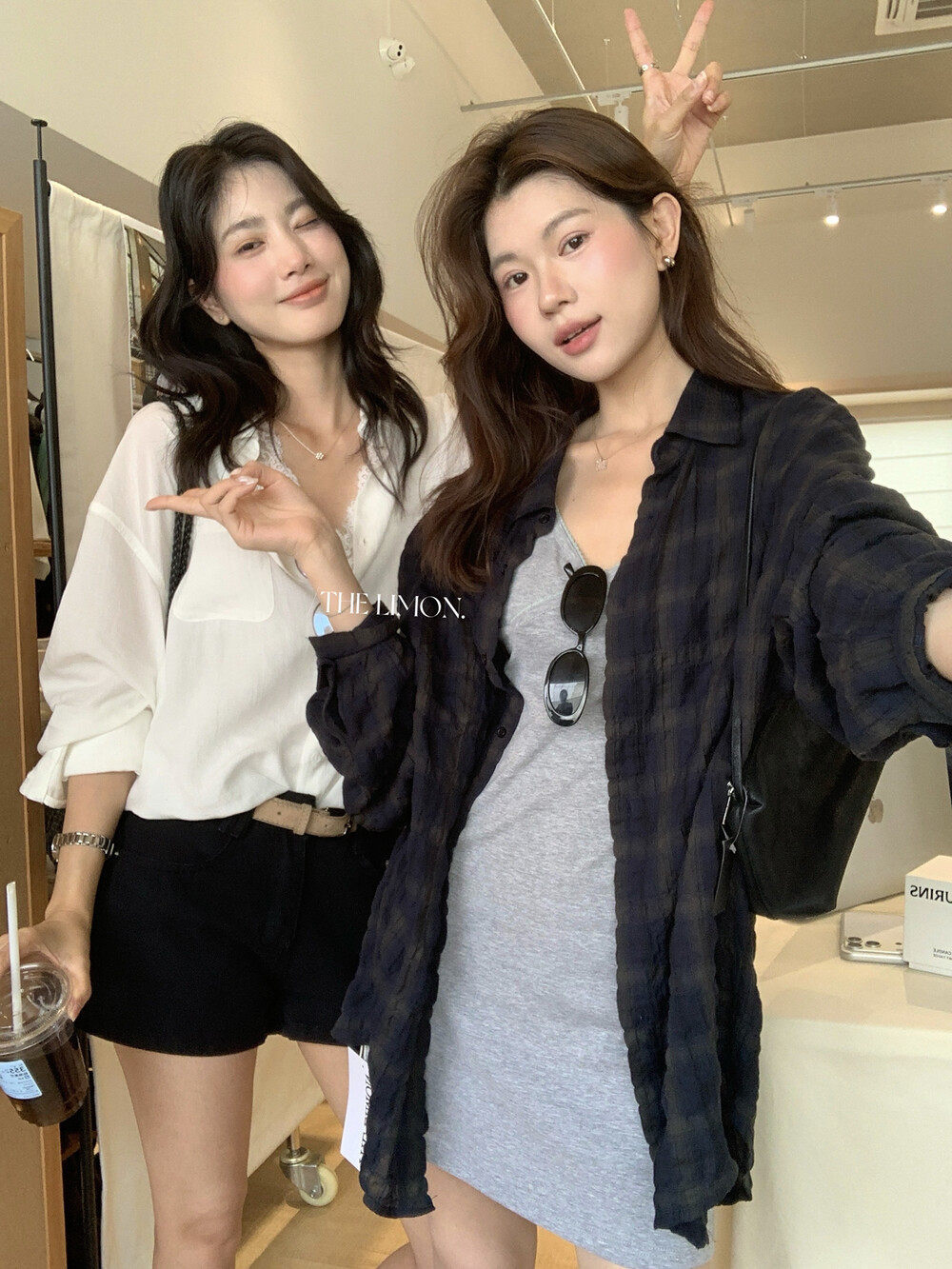 Áo sơ mi nữ dài tay cổ bẻ họa tiết kẻ caro phong cách Hàn Quốc — xanh đậm chi tiết 12