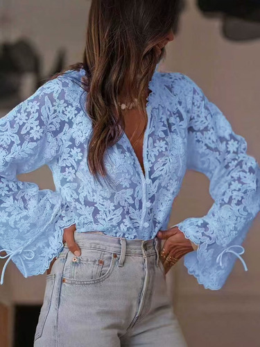 European and American Cross-border 2025 South Korea and Japan Foreign Trade Women's Clothing Korean Version New Openwork Casual Lace Shirt Lace Shirt for Women