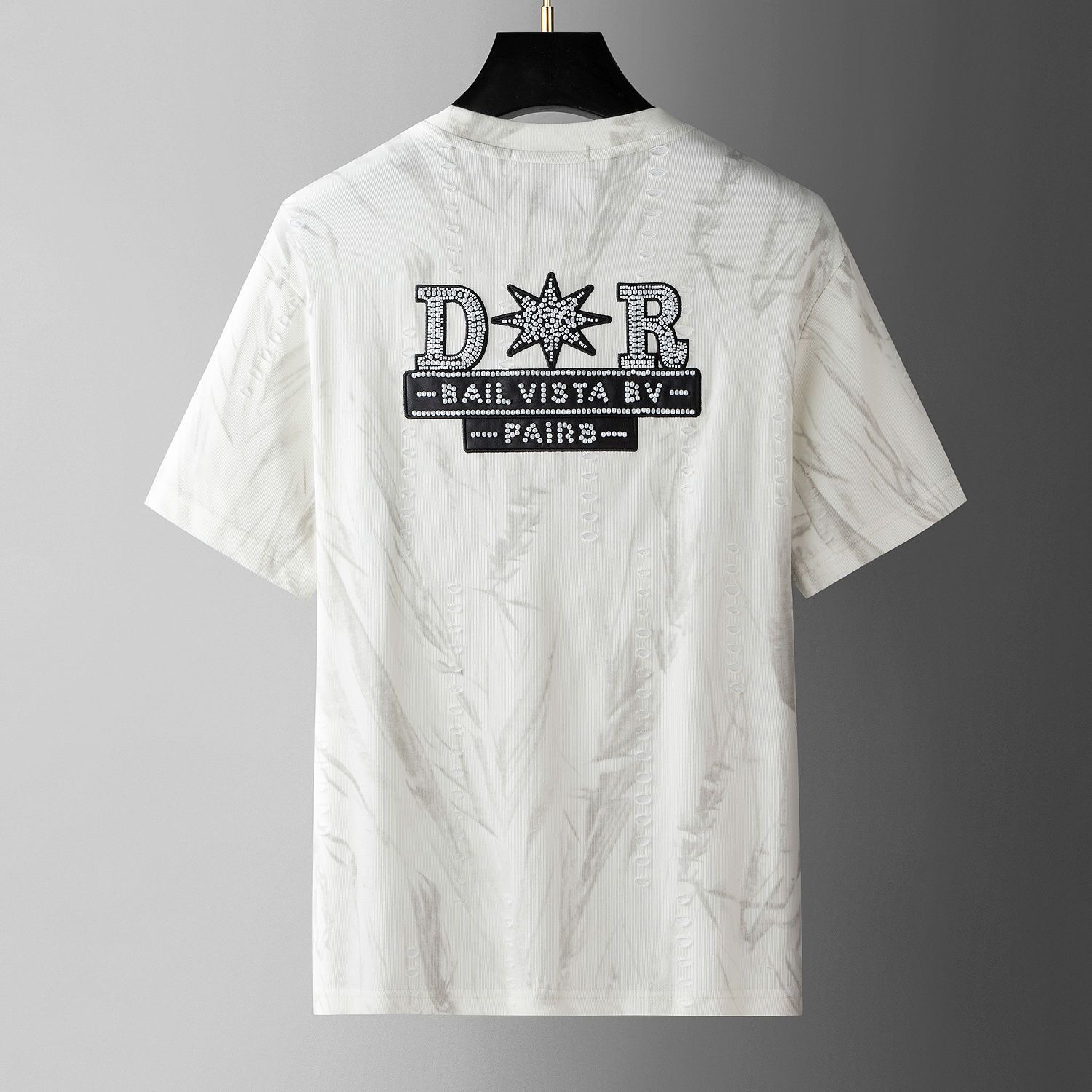 2025欧货高端夏款破洞做旧短袖T恤男士潮流烫钻字母半袖上衣体恤