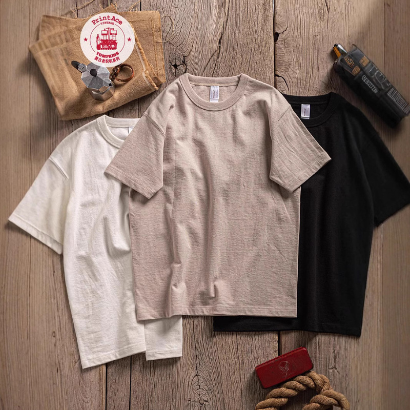 PrintAce Vintage Kaji retro old loom tube woven cotton three needle roll collar short sleeve T6287