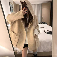 欧美跨境大码连帽针织开衫女装秋冬新款慵懒风韩系设计感毛衣外套