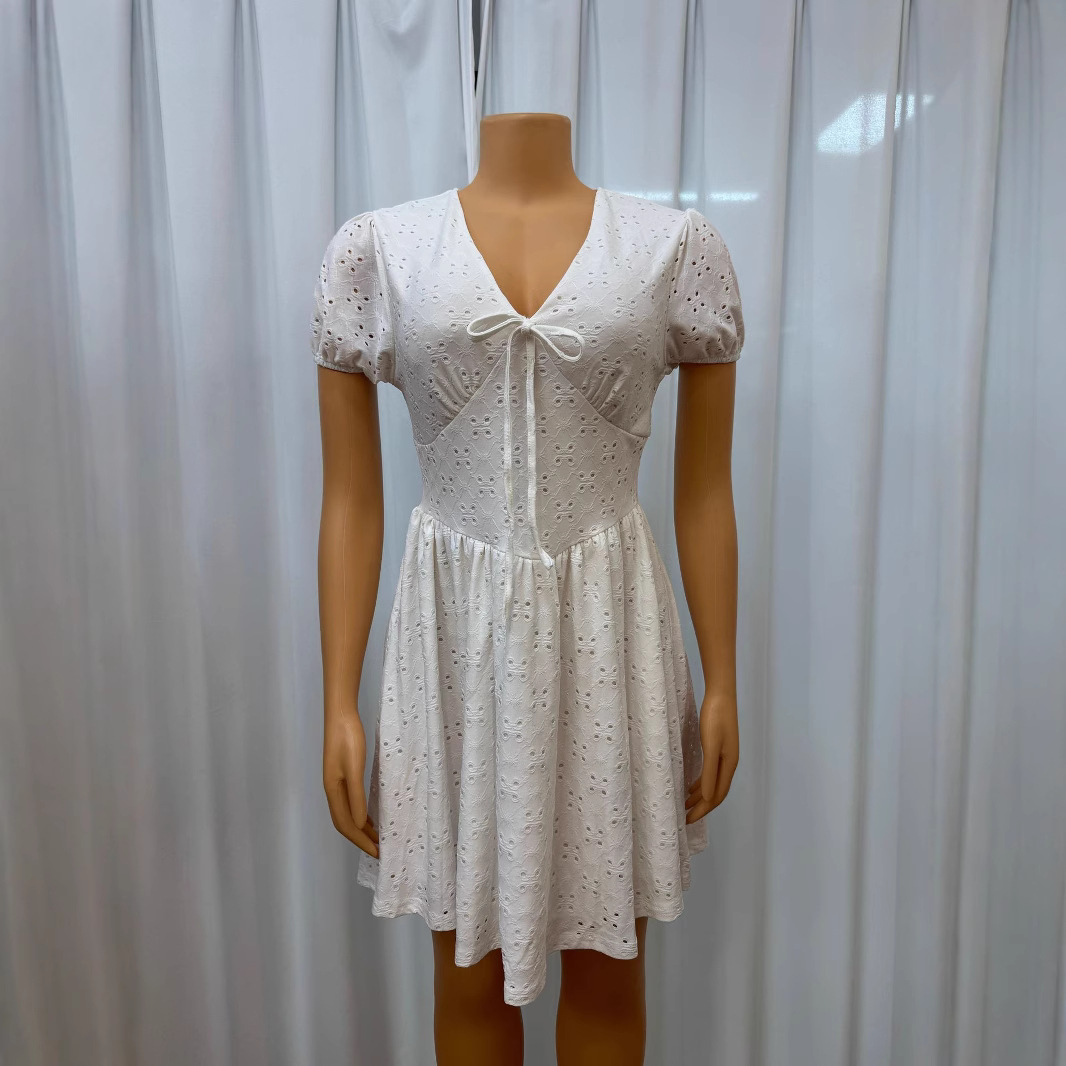 Women's Sexy Hollow Out Strappy V Neck Short Sleeve Solid Color Dress Style_ecoleips.com