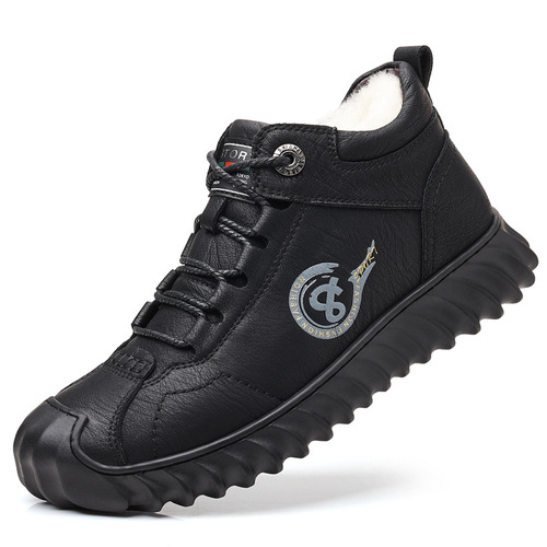 2024 New Leather Men's Cotton Shoes with Fleece Warmth High-top Thick Cotton Shoes Snowproof Snow Boots Men