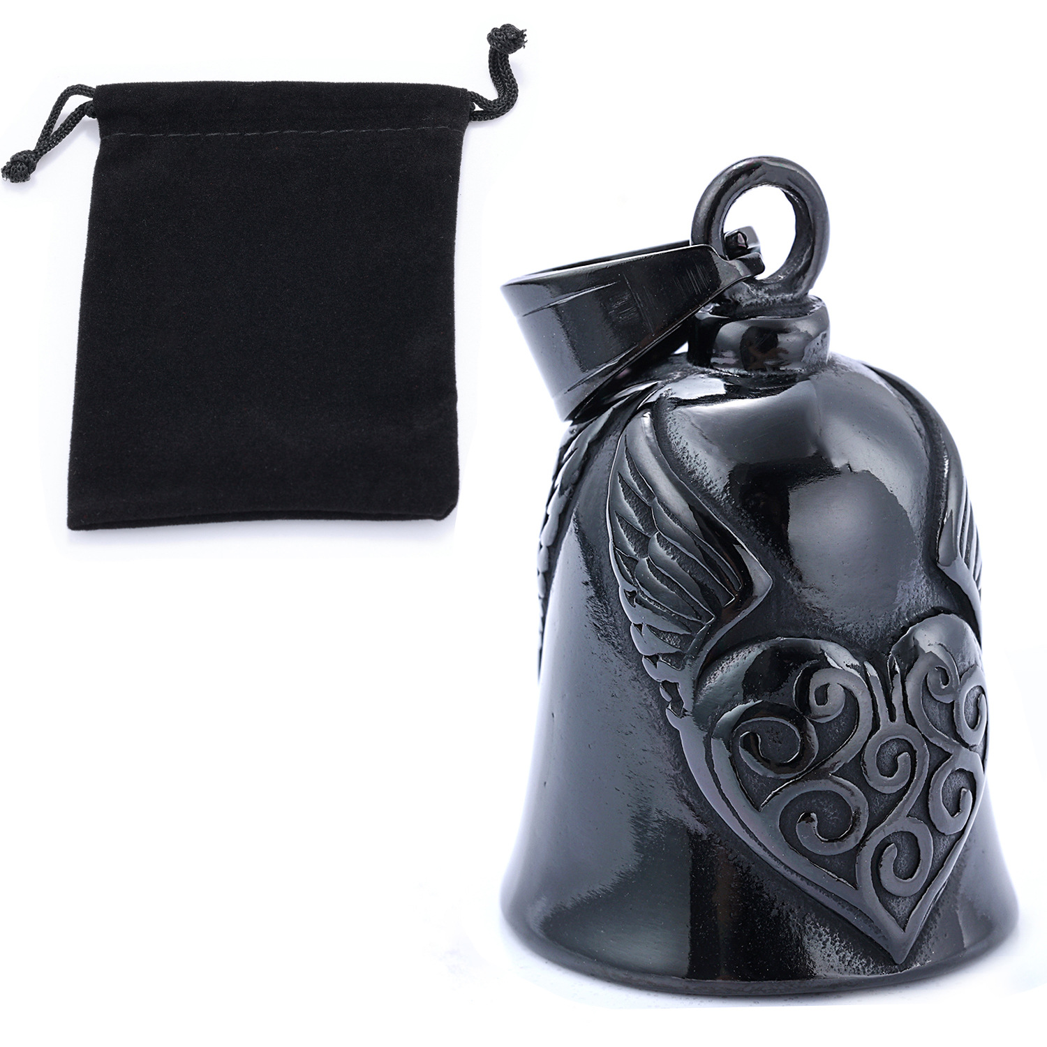 Moto de personalidad europea y americana transfronteriza, santo patrón de la conducción, material de acero inoxidable, alas de amor, campana, negro retro