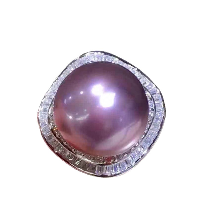 Neu Versilberter Edison Demon Lila Süßwasserperlenring mit großen Partikeln 13-15mm rund starkes Licht_voghion.com