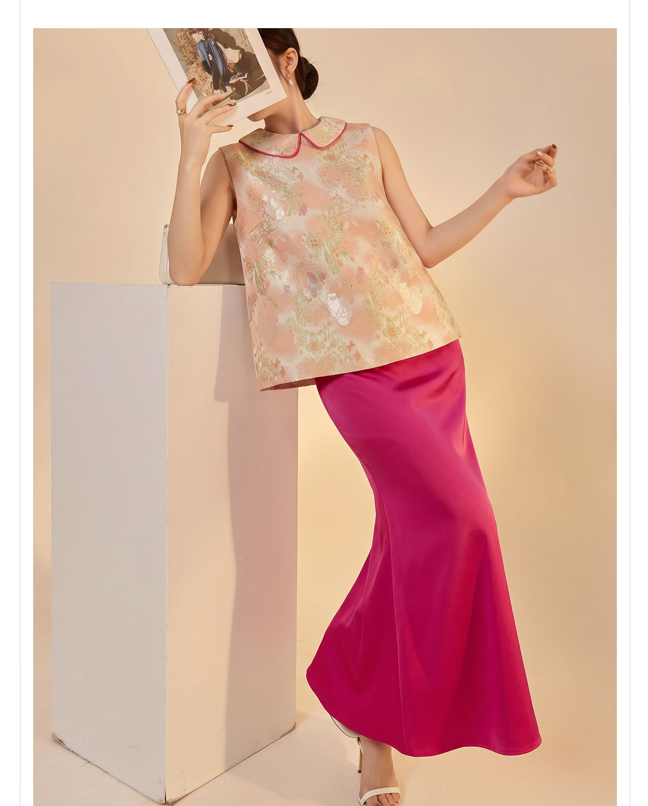 Bộ áo vest gile jacquard + chân váy nữ quốc phong mùa hè 2026 — Áo khoác Carmine, Trang phục [Áo khoác màu hồng+váy đỏ], Màu đỏ nửa váy chi tiết 7