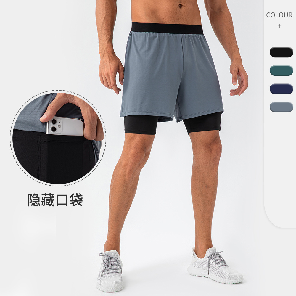 Men's Quick-Drying Sports Pants Loose Fake Two-Piece Double-Layer Breathable Running Fitness Pants Sports Casual Shorts 31419