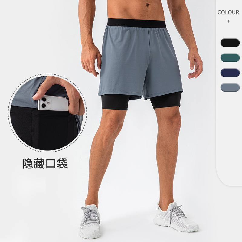 Men's Quick-Drying Sports Pants Loose Fake Two-Piece Double-Layer Breathable Running Fitness Pants Sports Casual Shorts 31419