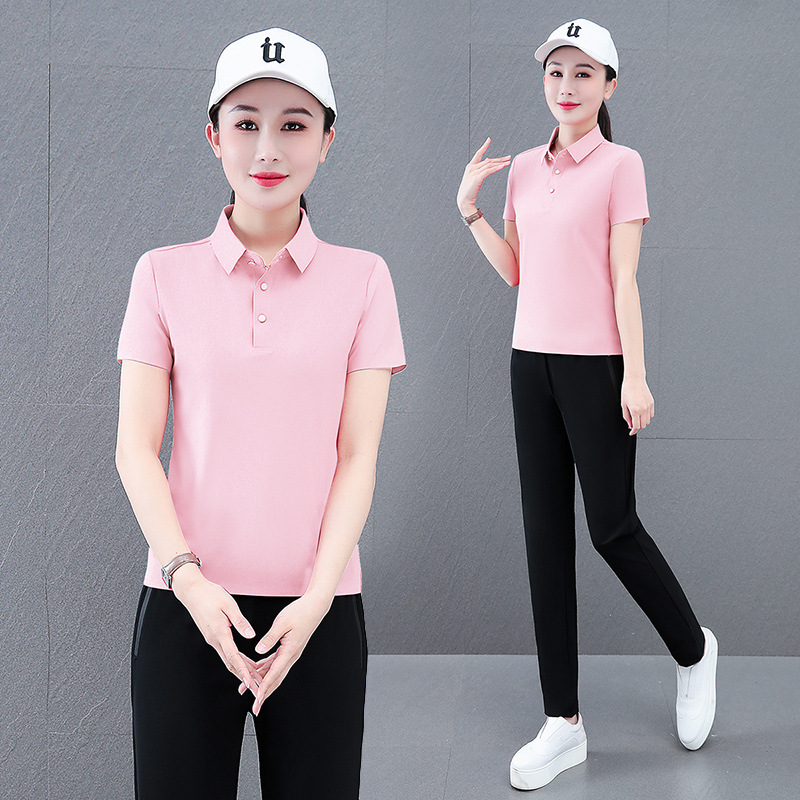 솔리드 컬러 아이스 실크 속건성 캐주얼 스포츠 폴로 칼라 정장 여성 2025 여름 새로운 투피스 여름 정장 작은 사람들을위한
