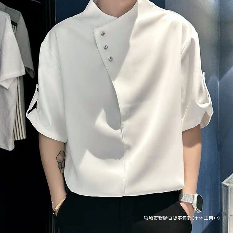 Summer Short-Sleeved Shirt for Men, White Khaki, Large Size 2Xl-4Xl, Rayon Color-Blocking Design Summer Short-Sleeved Shirt for Men, White Khaki, Large Size 2Xl-4Xl, Rayon Color-Blocking Design