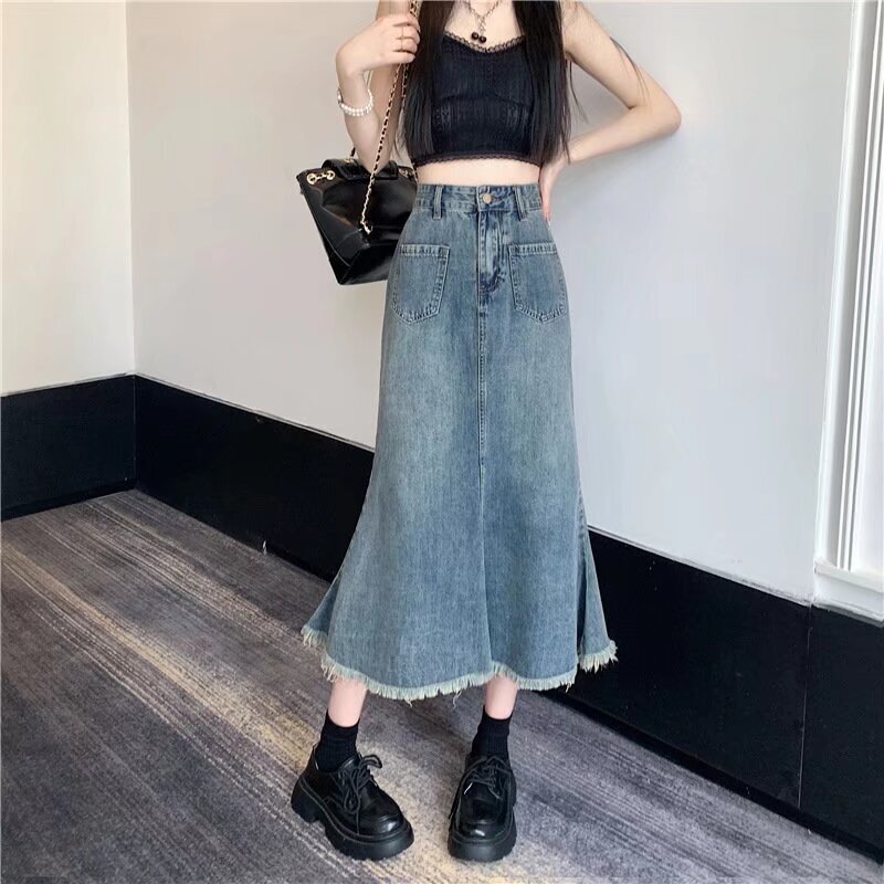 Blue fishtail skirt women's skirt high waist all-match A- line meat covering vintage frayed edge Denim sheath mid-length skirt fashion