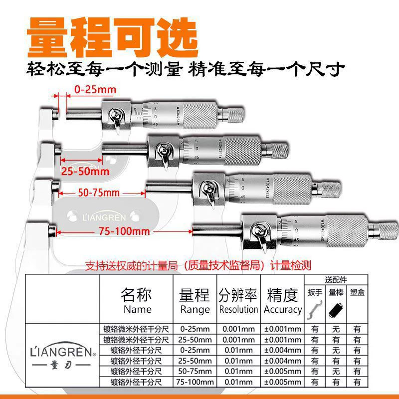 0-25mm50-75mm spiral micrometer mechanical micrometer upper measuring blade high-precision outer diameter micrometer caliper